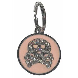 Pink Enamel Crystal Skull Charm Tag for Dog Collar or Purse Charm, Zipper Pull